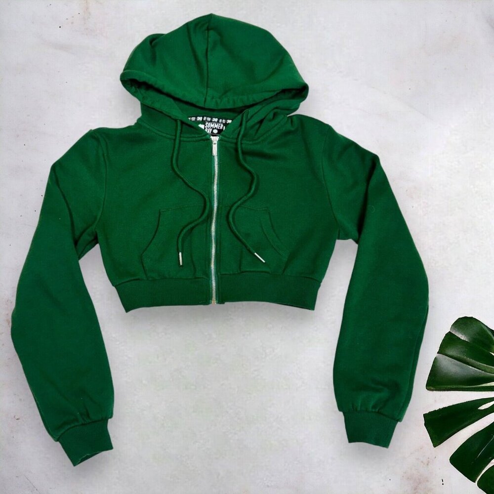 Sommer Ray Full Zip Crop Top Long Sleeve Green Hoodie Women's Size M
